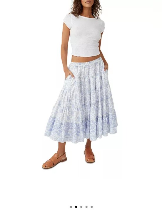 Free People Dresses & Skirts - Free People Full Swing Printed Tiered Midi Skirt Blue Heron Combo NWT Size L FP